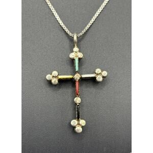 24" Sterling Silver Vintage Multi Gemstone Cross Pendant Necklace Y26